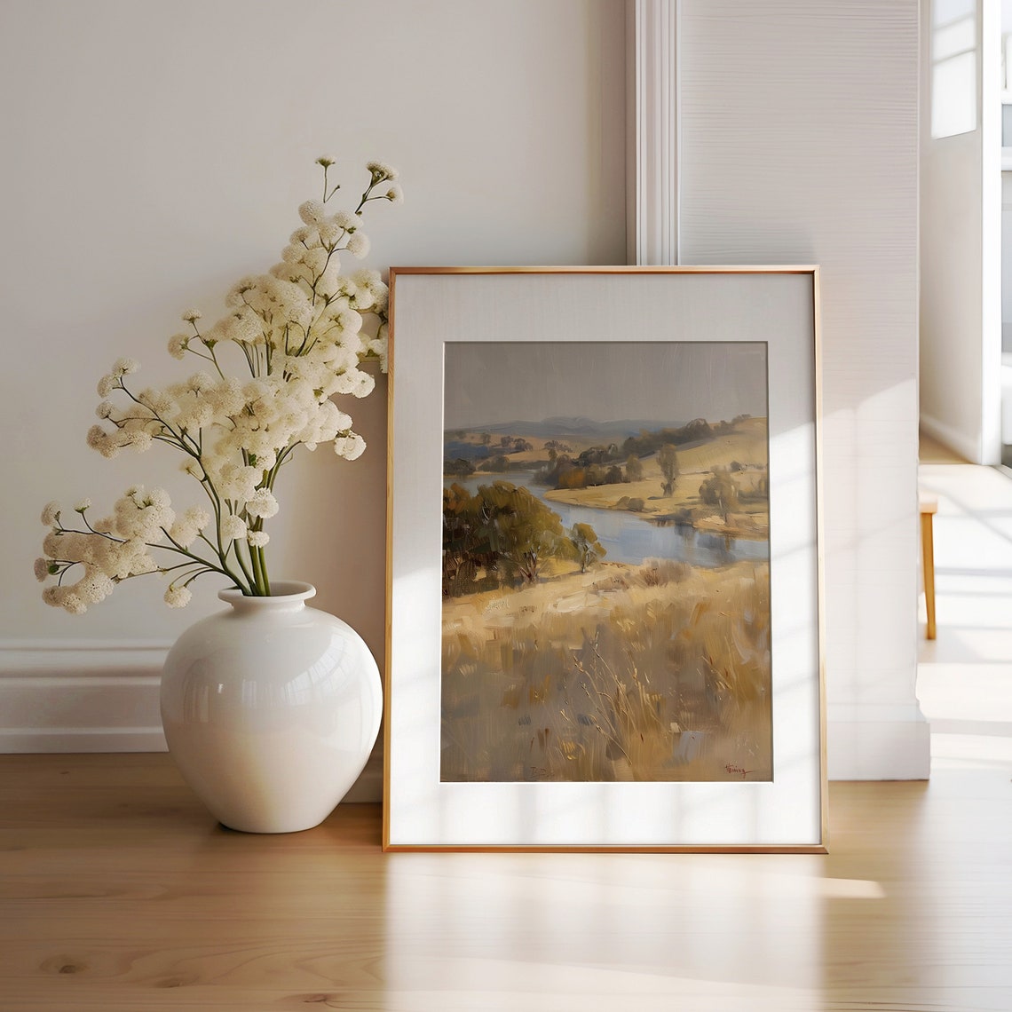 Golden Autumn River Valley Impressionist Landscape Painting Poster