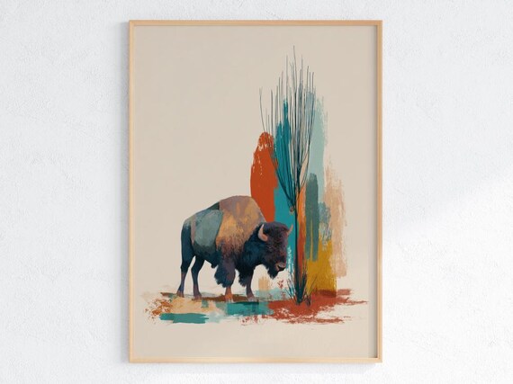 Abstract Bison Poster Western Wall Art Print Modern Buffalo Painting Rustic Ranch Home Decor Desert Cactus Cowboy Southwestern