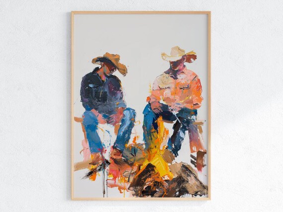 Abstract Cowboy Campfire Modern Western Wall Art Colorful Rustic Print Southwestern Ranch Decor For Living Room Or Office