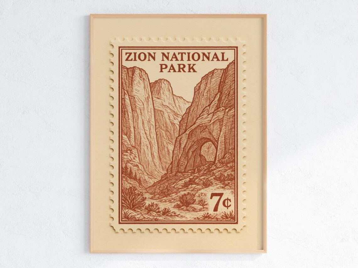 Zion National Park Vintage Travel Poster, Retro Stamp