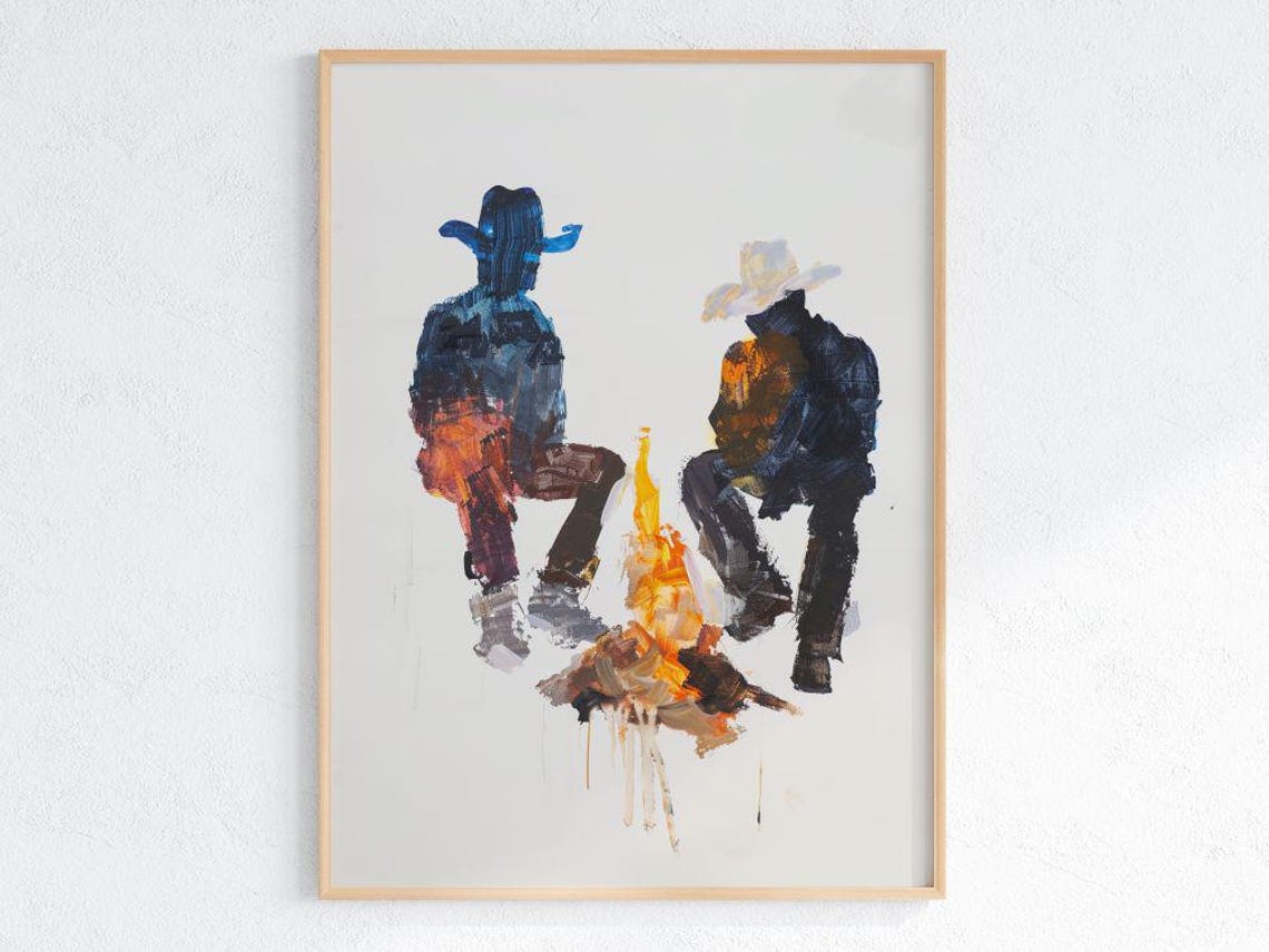 Two Cowboys Campfire Night Abstract Painting Western Friendship Poster