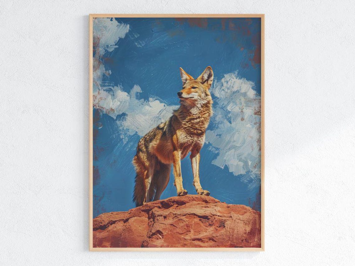 Coyote Standing On Red Rock Under Blue Sky Desert Art Poster
