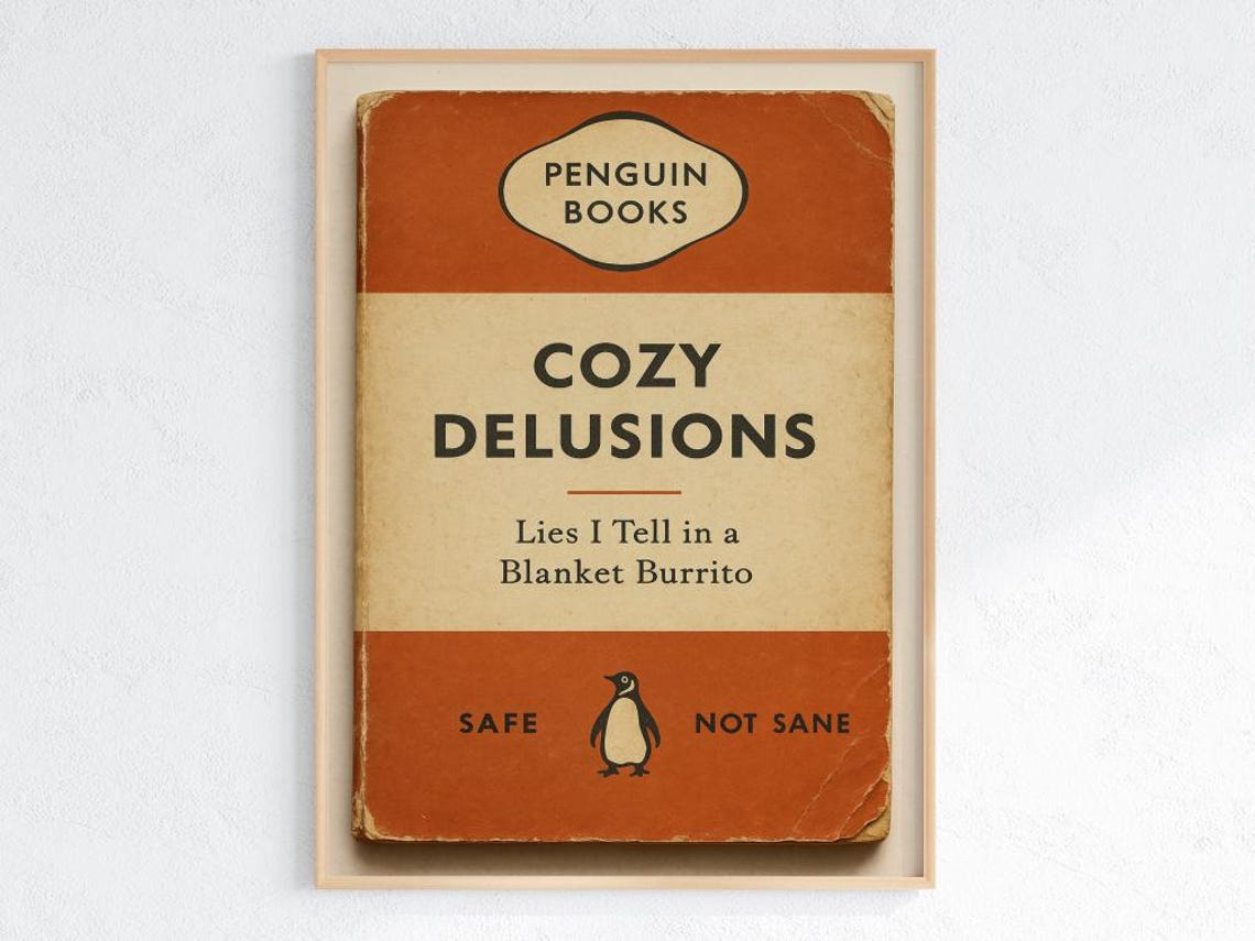 Cozy Delusions Funny Book Cover Parody Orange Penguin Vintage Poster