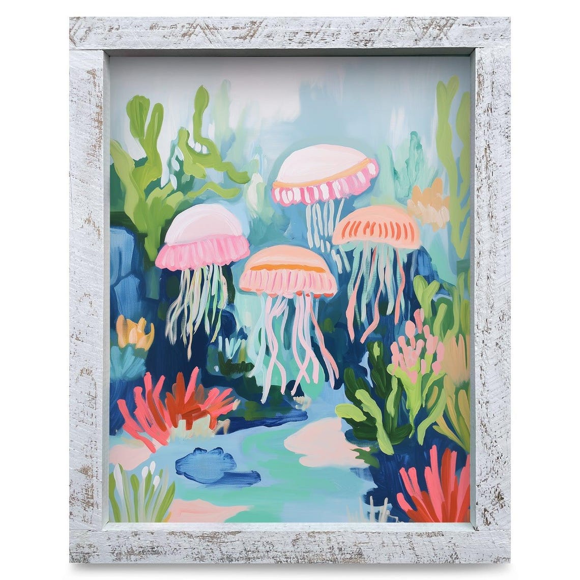 Colorful Jellyfish Real Wood Framed Wall Art Print