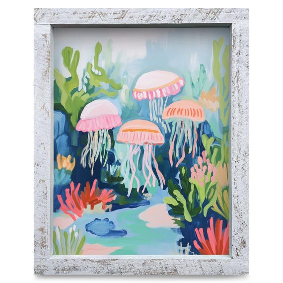 Colorful Jellyfish Real Wood Framed Wall Art Print