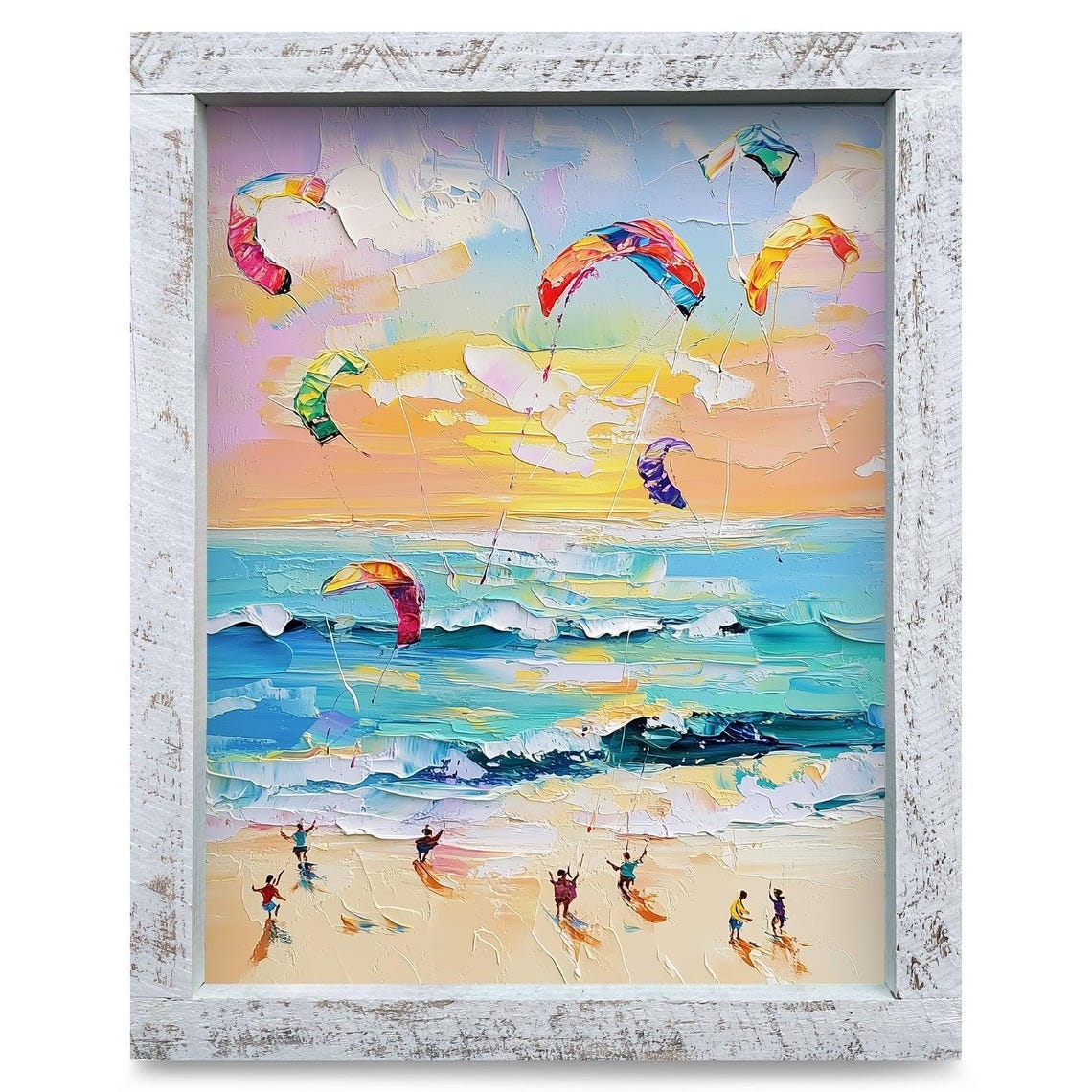 Kite Surfers with Colorful Kites Flying Over a Sunset Beach Poster