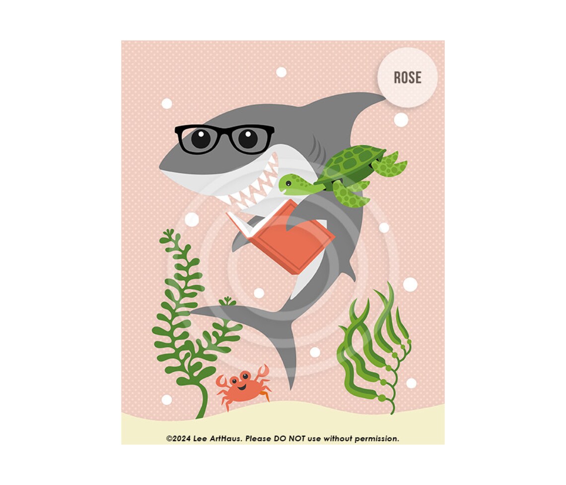 Cute Shark Reading Book With Glasses Green Undersea Scene Kids Library Poster - Image 3