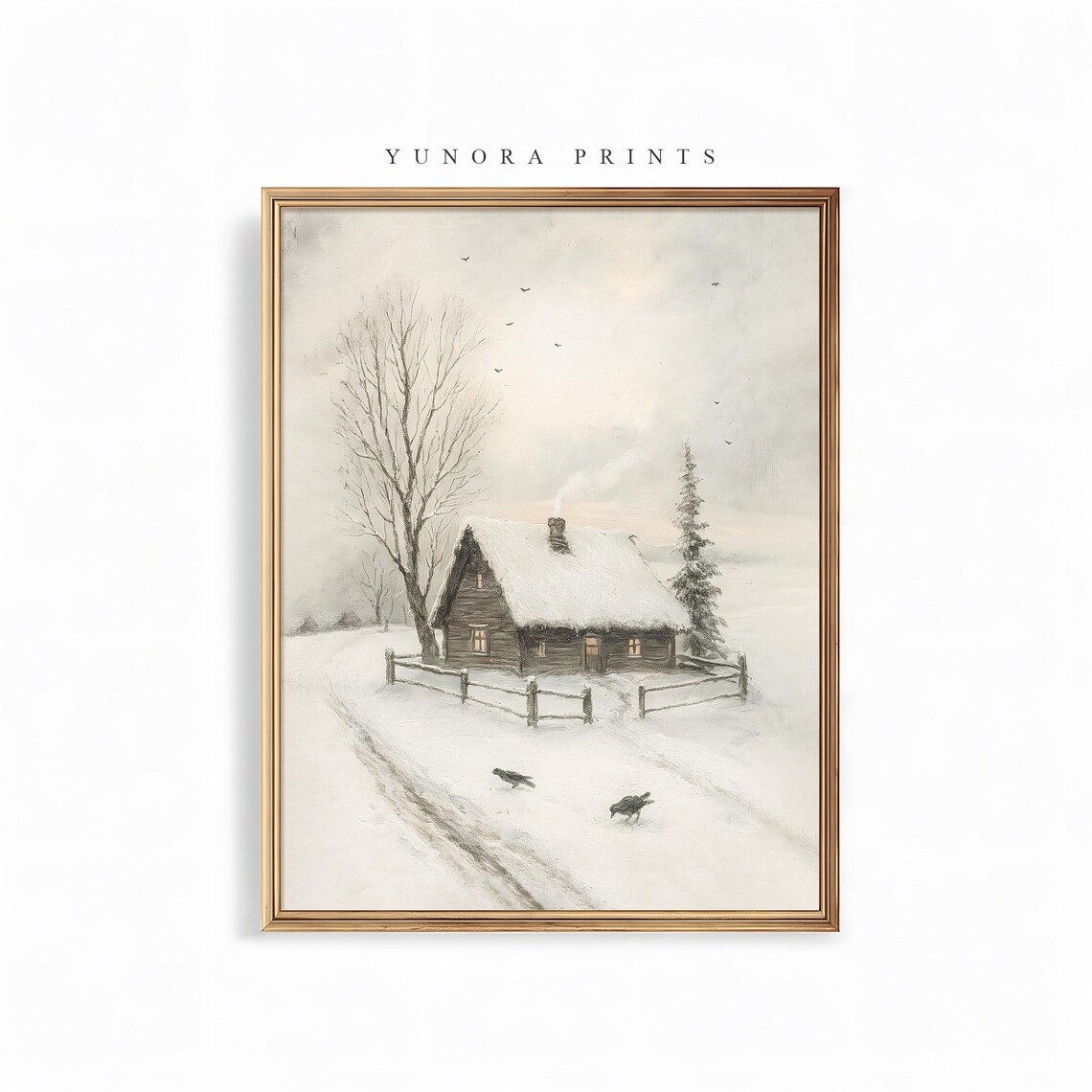 Snow Covered Winter Cabin with Crows Vintage Landscape Poster