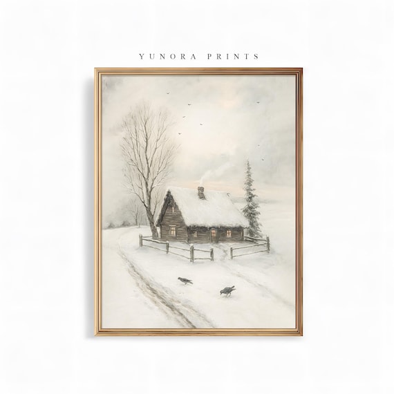 Snow Covered Winter Cabin with Crows Vintage Landscape Poster