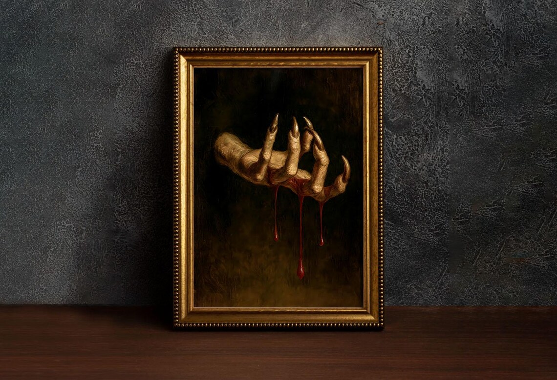 Halloween Gothic Demon Hand Wall Art Creepy Horror Artwork Dripping Blood Decor Dark Macabre Poster