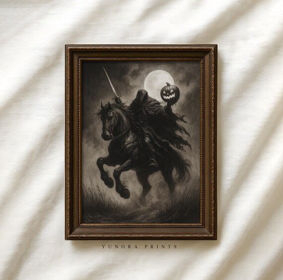 Headless Horseman Halloween Print Gothic Dark Rider Art Spooky Pumpkin Wall Decor