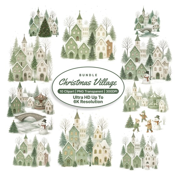 Sage Green Christmas Village Clipart Bundle 10 Piece Holiday Print
