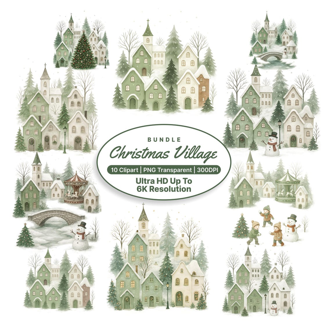 Sage Christmas Village Clipart Winter Houses Png Watercolor Holiday Scene Snowy Church Xmas