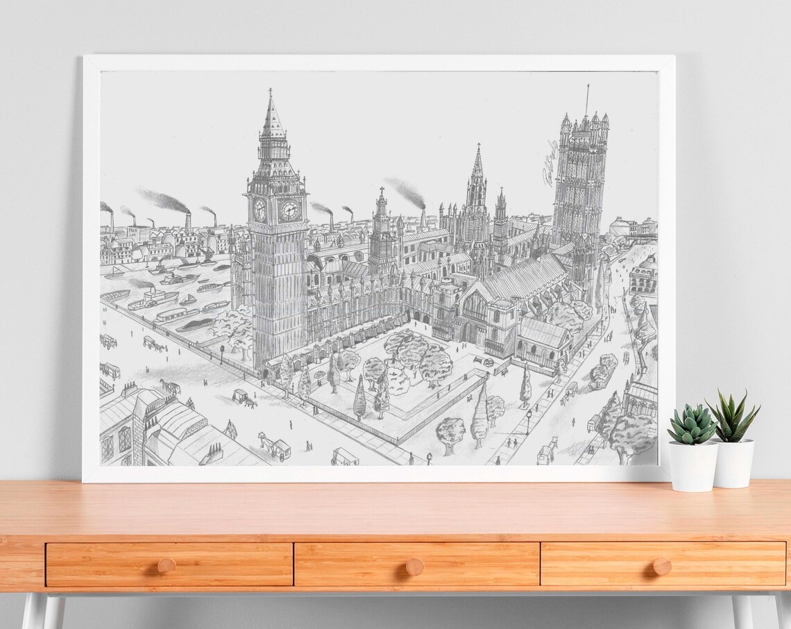 London 19th Century Handdrawn Illustration Vintage Cityscape