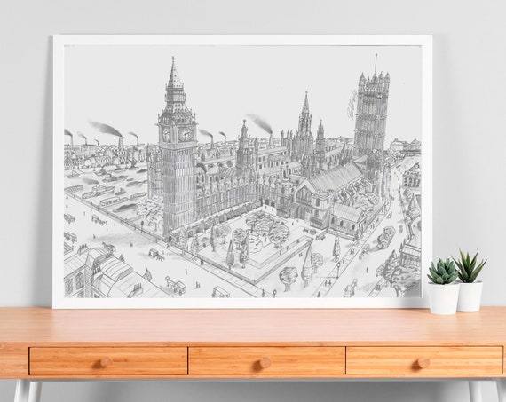 London 19th Century Handdrawn Illustration Vintage Cityscape