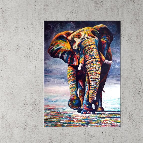 Rainbow Painted Elephant Walking Forward Abstract Animal Poster