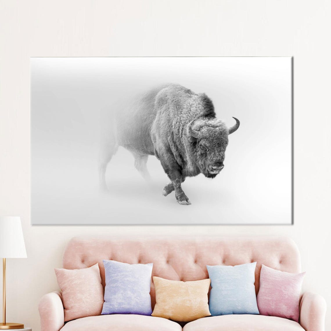 Bison Walking Through Thick Fog Minimalist Wildlife Art Poster