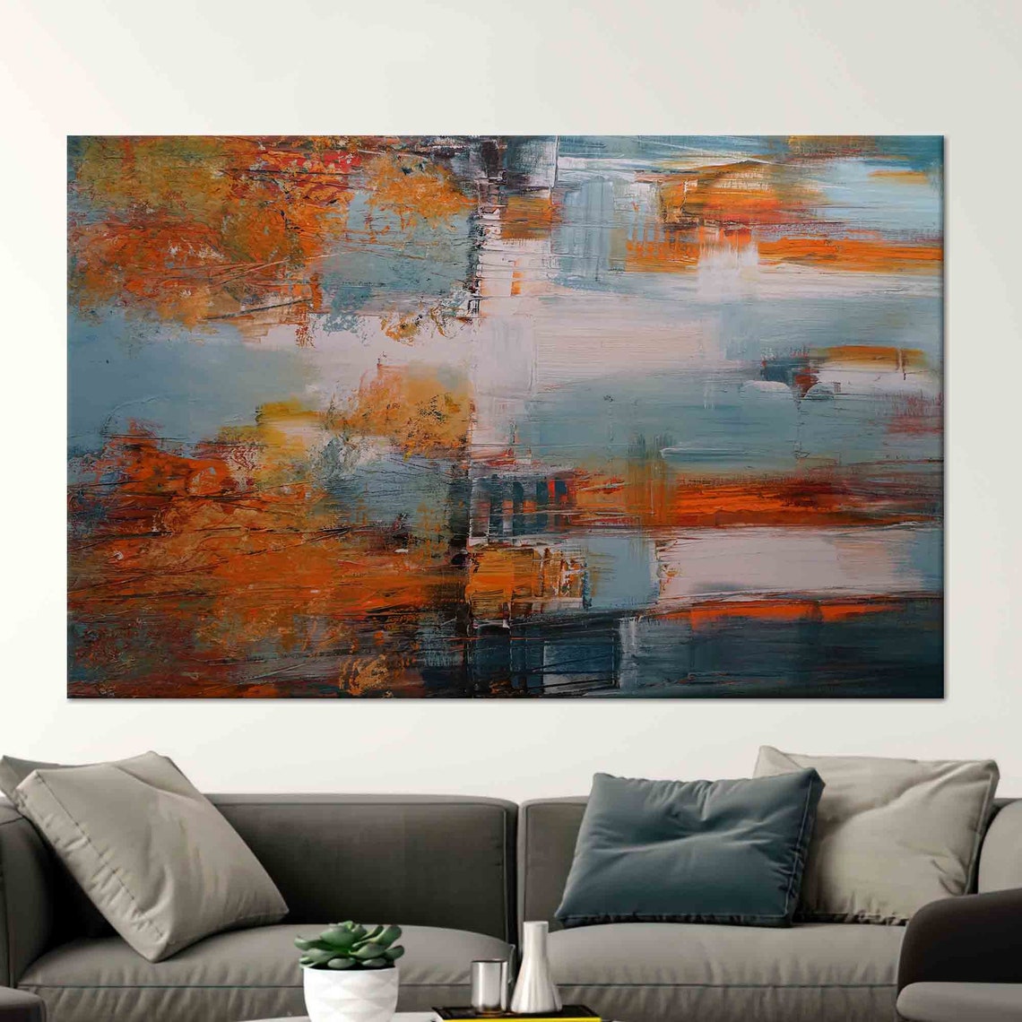 Modern Abstract Orange and Blue Expressive Brushstroke Painting Poster