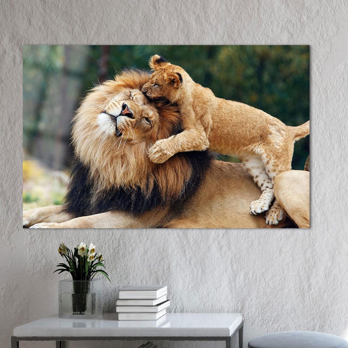 Lion Father With Playful Cub Climbing Tender Wildlife Poster - Image 2