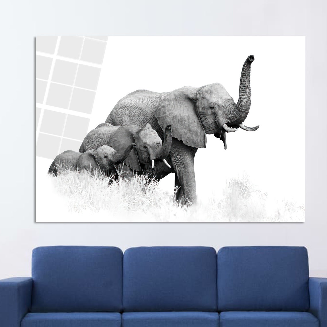 Elephant Family Mother and Calves Black and White Wildlife Poster - Image 2