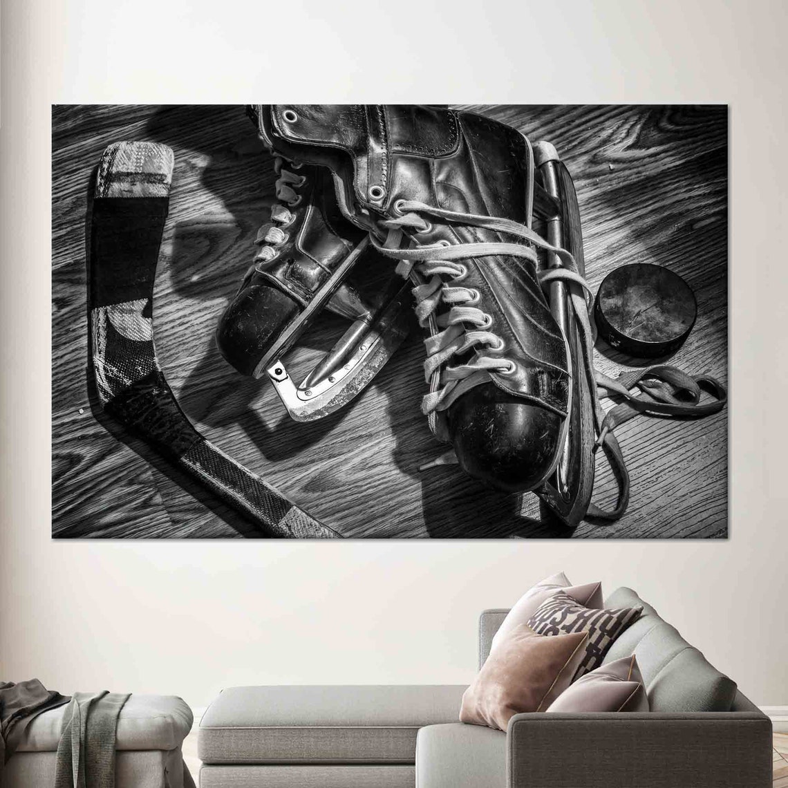 Vintage Hockey Skates Stick and Puck Black and White Photo Poster