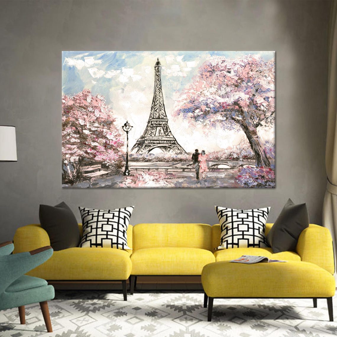 Eiffel Tower With Cherry Blossoms And Romantic Couple Poster