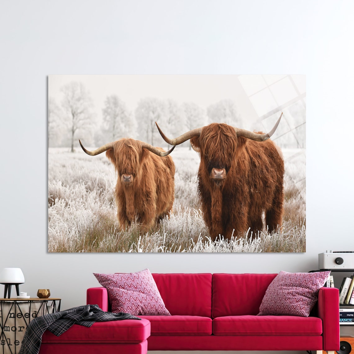 Two Red Highland Cows Frosty Winter Field Cattle Photography Poster - Image 2