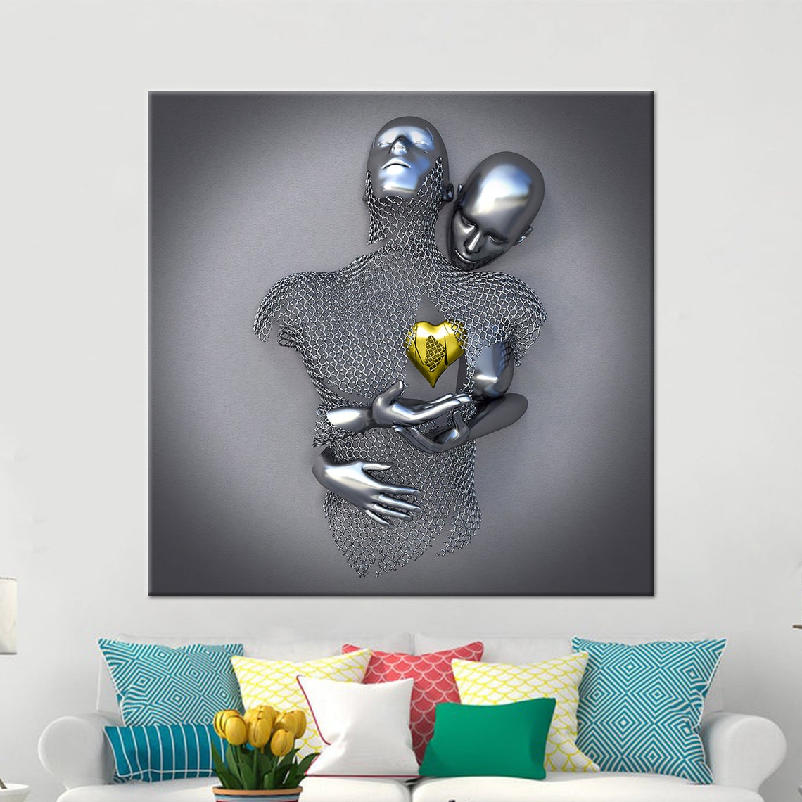 Silver Chainmail Couple Embracing Gold Heart Modern Art Wall Poster