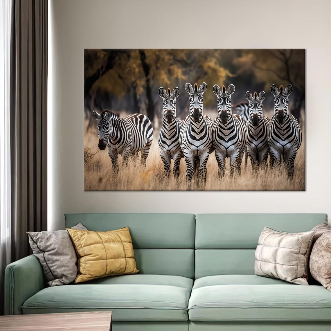 Six Zebras Staring At The Camera In The Golden Savanna Poster