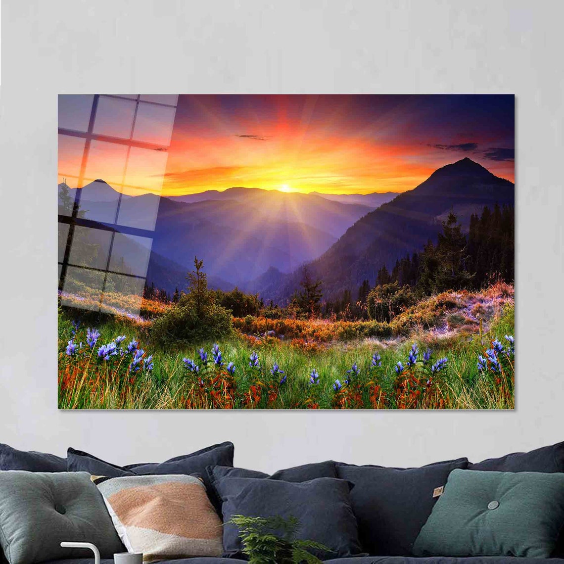 Colorful Sunrise Over Purple Mountain Valley Wildflower Meadow Poster - Image 2
