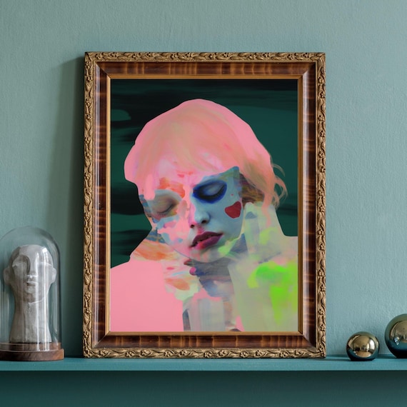 Dreamy Neon Woman Portrait Abstract Pastel Modern Art Poster