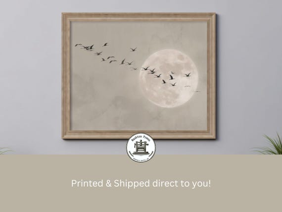 Greige Cranes Japandi Moon Landscape Art Print