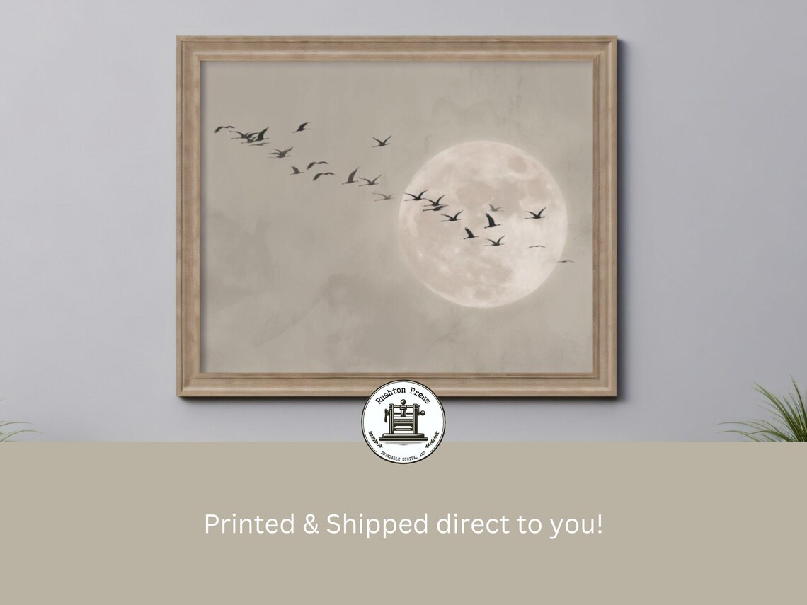 Greige Cranes Japandi Moon Landscape Art Print