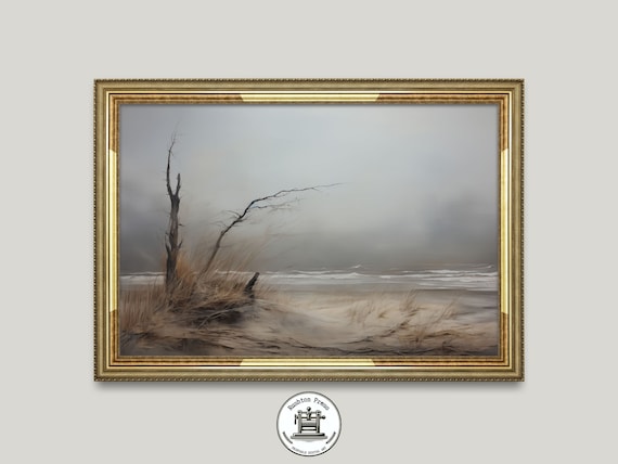 Moody Coastal Beach Bare Tree Windswept Dunes Painting Poster