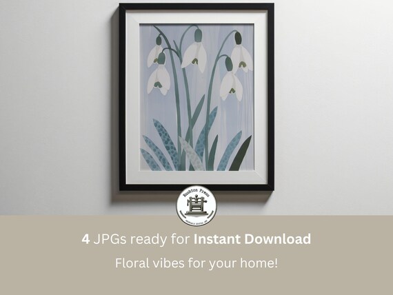 White Snowdrop Flowers Botanical Illustration Floral Art Poster