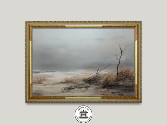 Moody Windswept Dunes Gray Coast Landscape Painting Wall Art