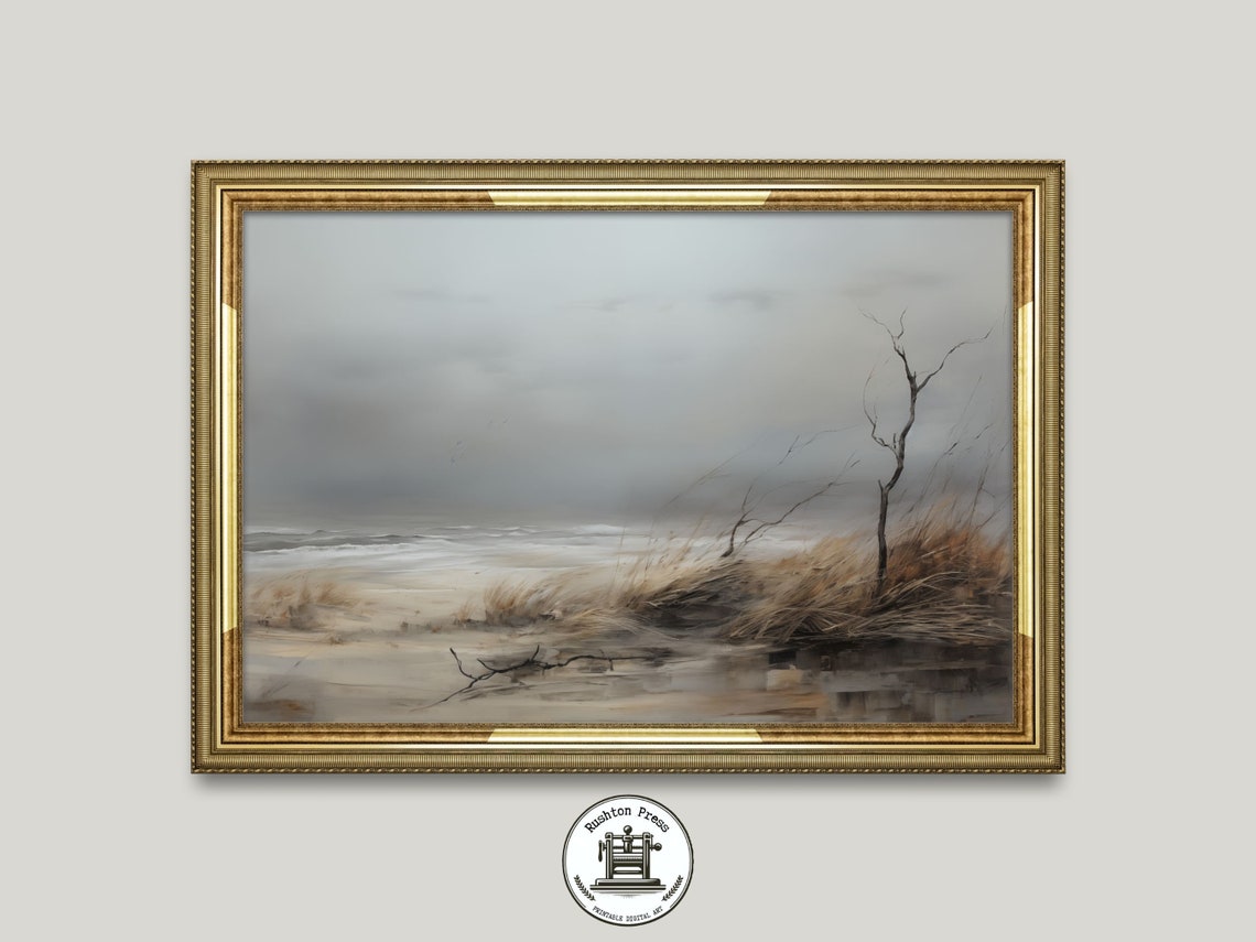 Moody Windswept Dunes Gray Coast Landscape Painting Wall Art