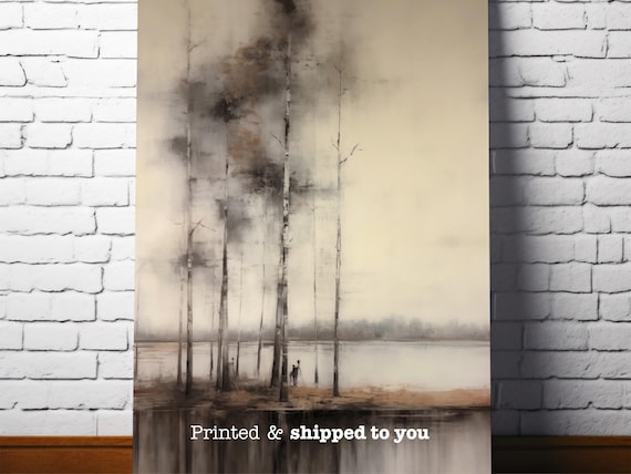 Vintage Lakeside Forest Art Print, Moody Landscape