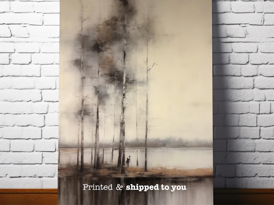 Vintage Lakeside Forest Art Print, Moody Landscape