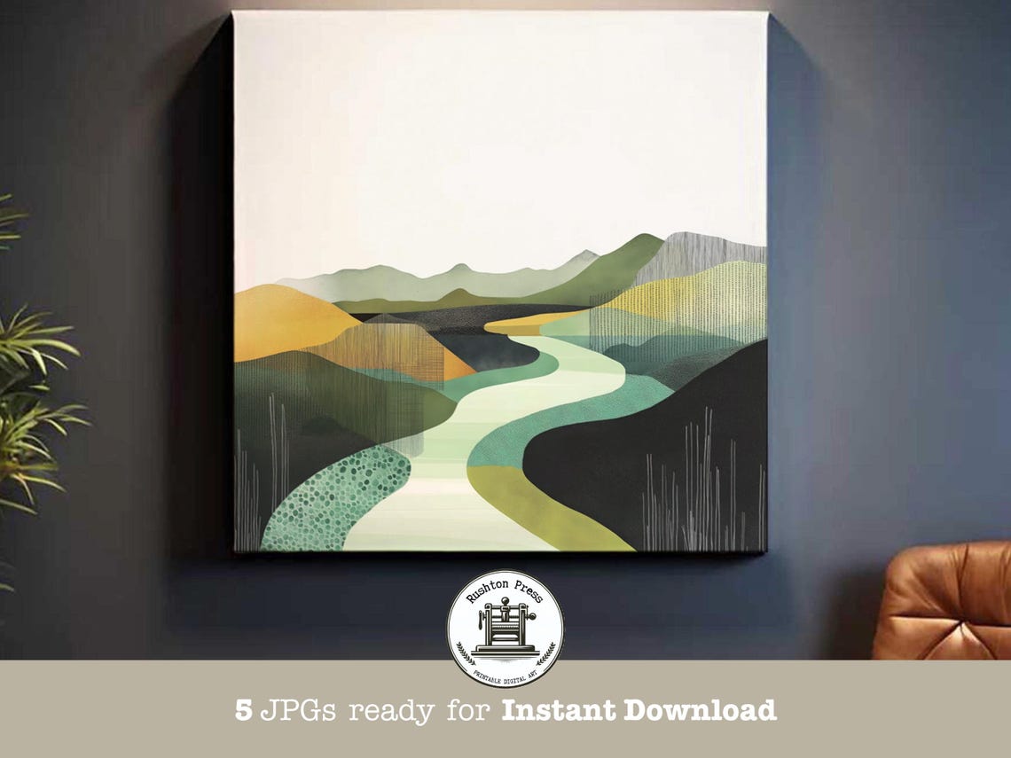 Abstract Green Gold Winding River Valley Modern Landscape Poster