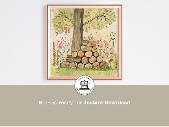 Cozy Log Pile Watercolor Print Cottage Garden Tree Wildflowers