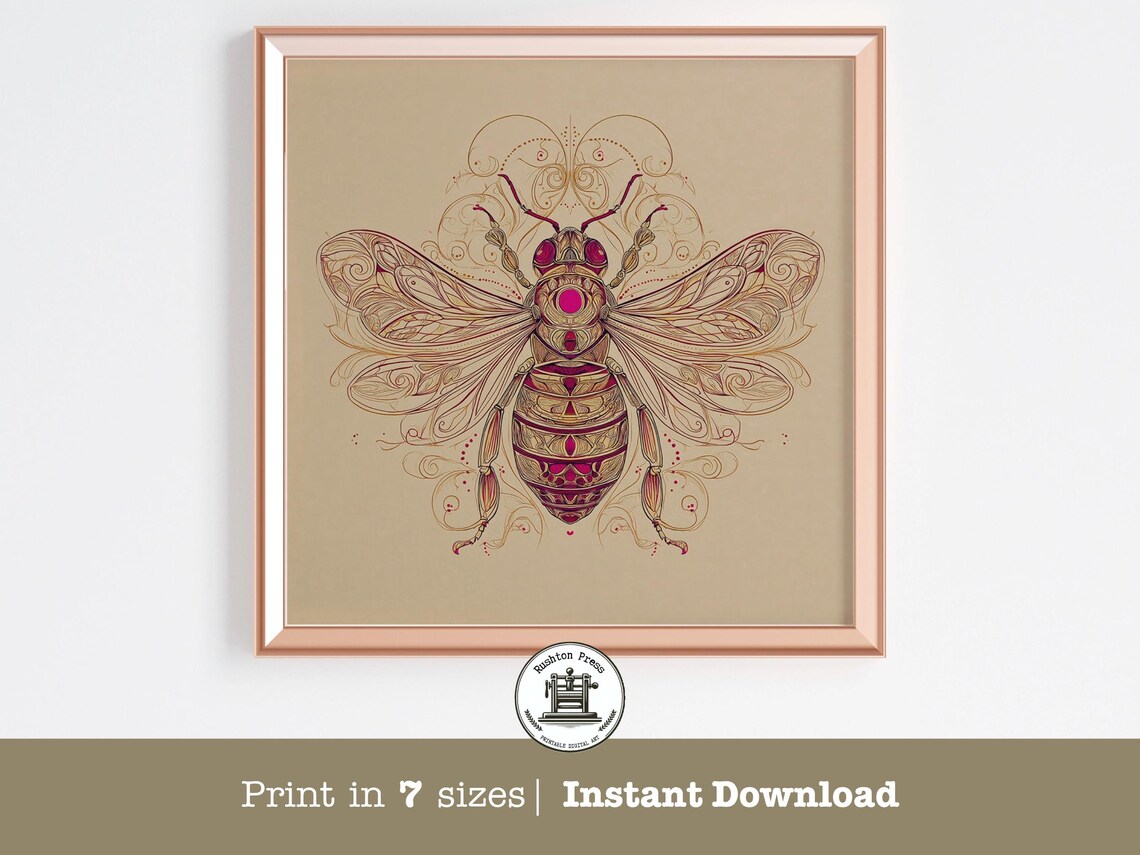 Art Nouveau Bee Poster Print, Floral Illustration