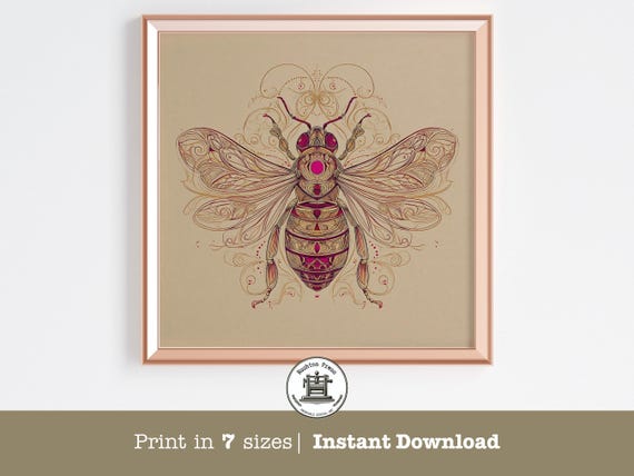 Art Nouveau Bee Poster Print, Floral Illustration