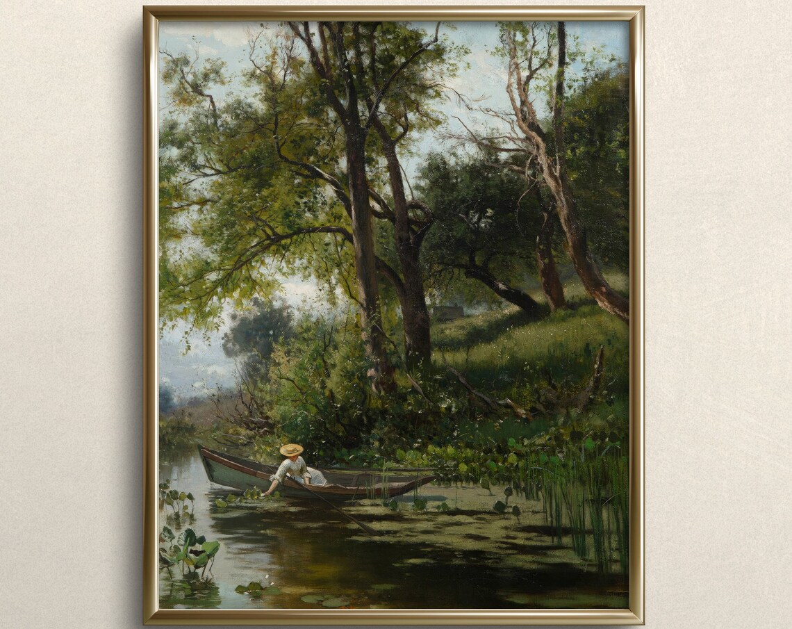 Woman in a Row Boat, Vintage Spring Pond Art Print