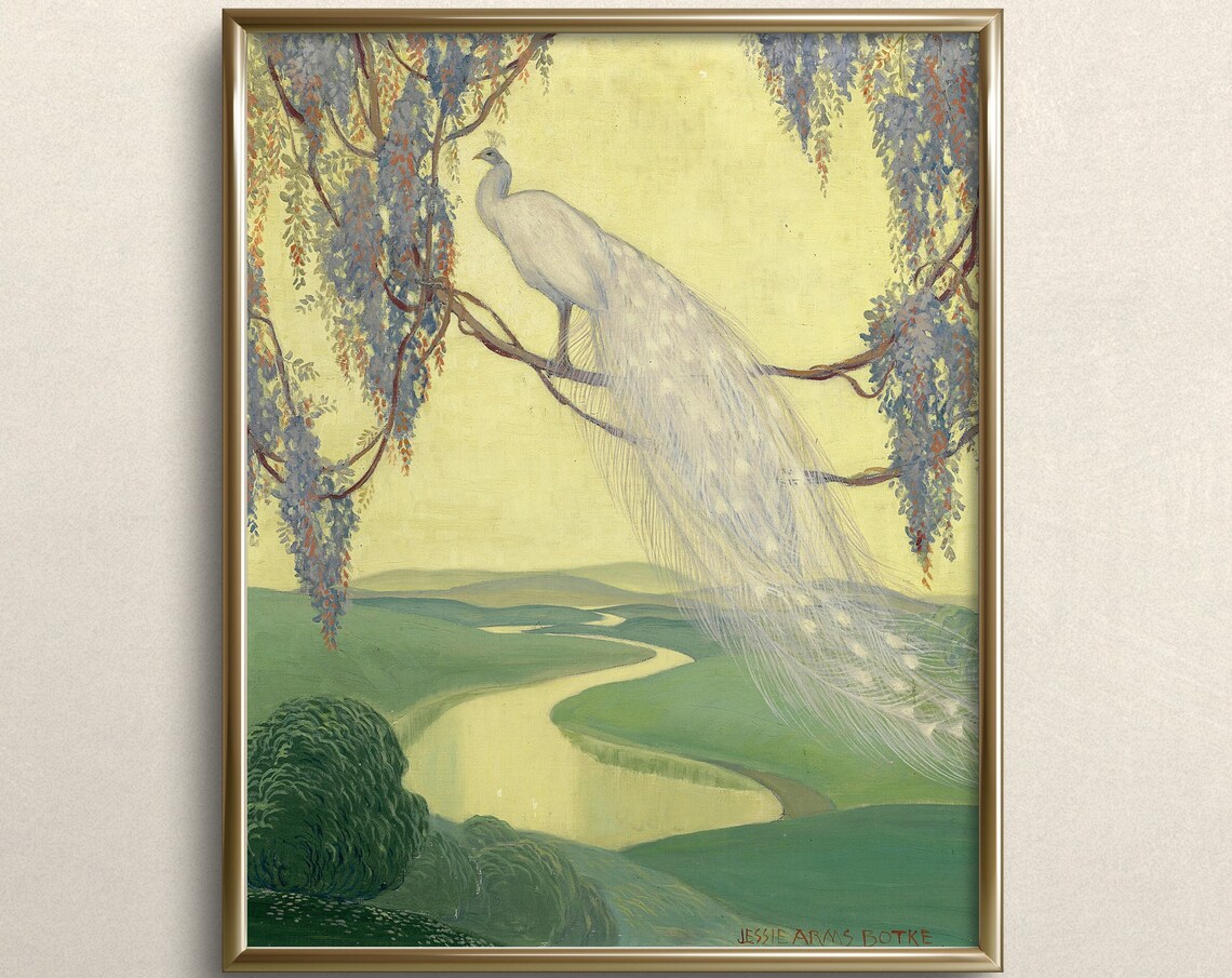 Jessie Arms Botke White Peacock Over River Vintage Fine Art Bird Print