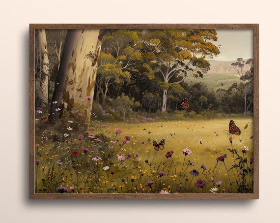 Wildflower Field Butterflies Landscape Oil Painting Vintage Farm House Wall Art Country Field Landscape Al01