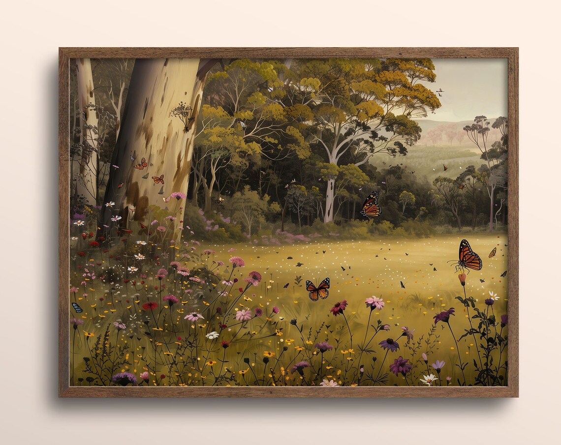 Wildflower Meadow with Monarch Butterflies Vintage Landscape Art Print
