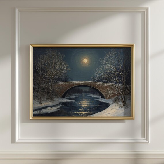 Snowy Stone Bridge Moonlight Winter River Vintage Art Poster