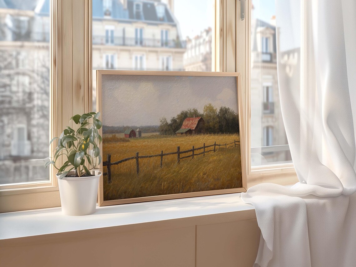 Red Barns In Golden Wheat Field With Wooden Fence Pastoral Poster