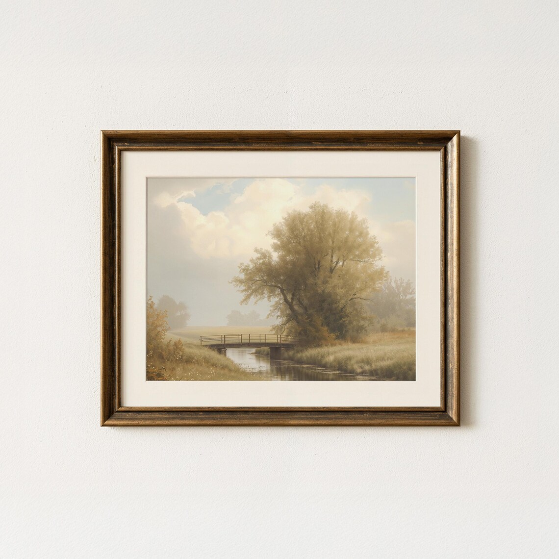 Vintage Wooden Bridge Misty Stream Quiet Country Landscape Wall Art